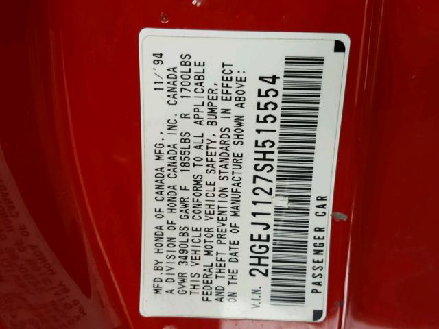 2HGEJ1127SH515554 - 1995 HONDA CIVIC EX წითელი ფოტო 10