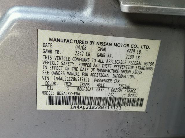 1N4AL21E28N515121 - 2008 NISSAN ALTIMA 2.5 SILVER photo 10