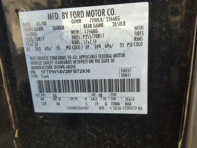 1FTPW14V28FB72936 - 2008 FORD F150 SUPER BLACK photo 10