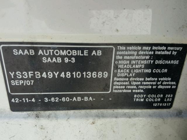 YS3FB49Y481013689 - 2008 SAAB 9-3 2.0T WHITE photo 10