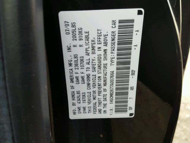 1HGCM82677A007664 - 2007 HONDA ACCORD EX BLACK photo 10