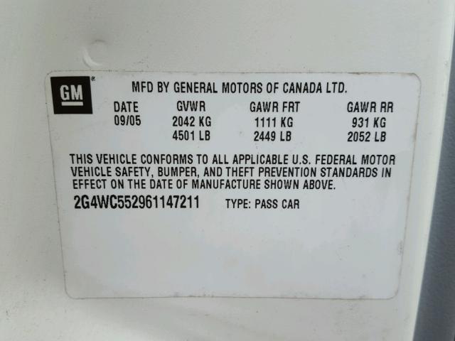 2G4WC552961147211 - 2006 BUICK LACROSSE C WHITE photo 10