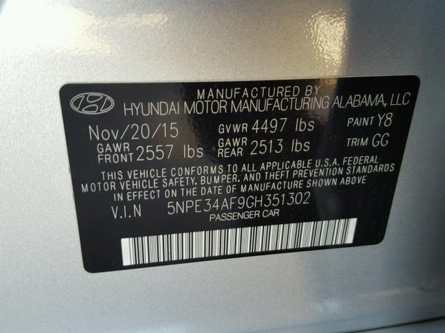 5NPE34AF9GH351302 - 2016 HYUNDAI SONATA SPO SILVER photo 10