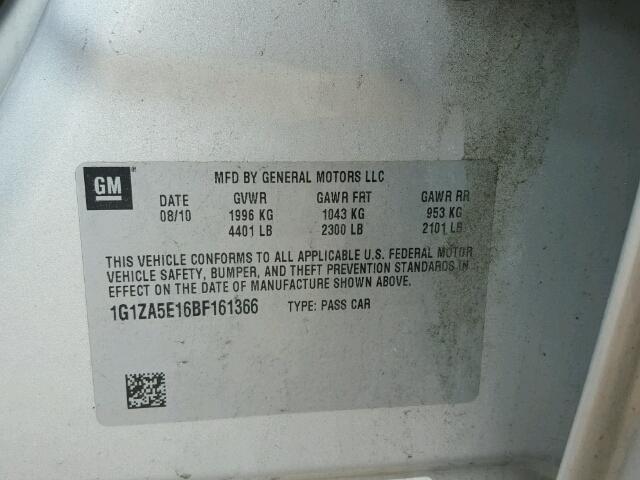 1G1ZA5E16BF161366 - 2011 CHEVROLET MALIBU LS ვერცხლისფერი ფოტო 10