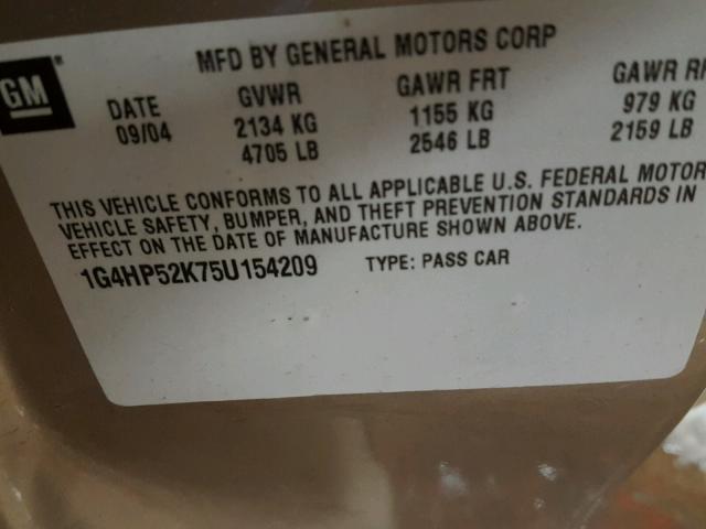 1G4HP52K75U154209 - 2005 BUICK LESABRE CU GOLD photo 10