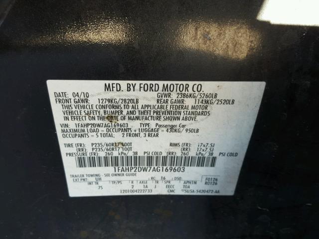 1FAHP2DW7AG169603 - 2010 FORD TAURUS SE BLACK photo 10