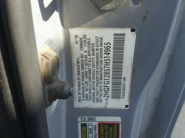2HGFG12857H514965 - 2007 HONDA CIVIC EX ვერცხლისფერი ფოტო 10
