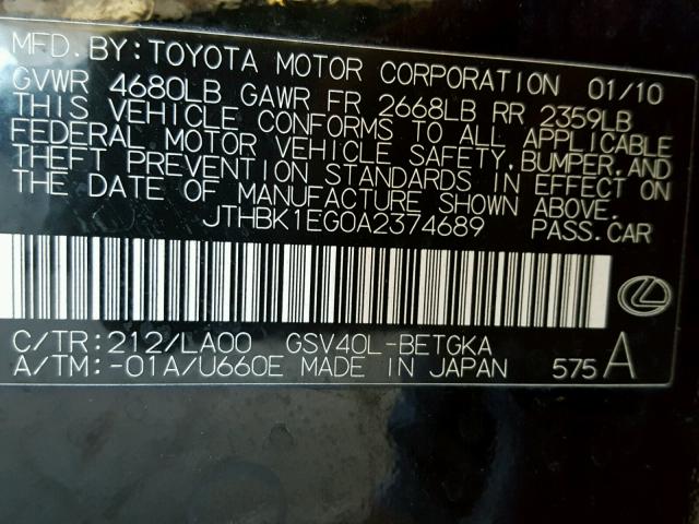 JTHBK1EG0A2374689 - 2010 LEXUS ES 350 BLACK photo 10