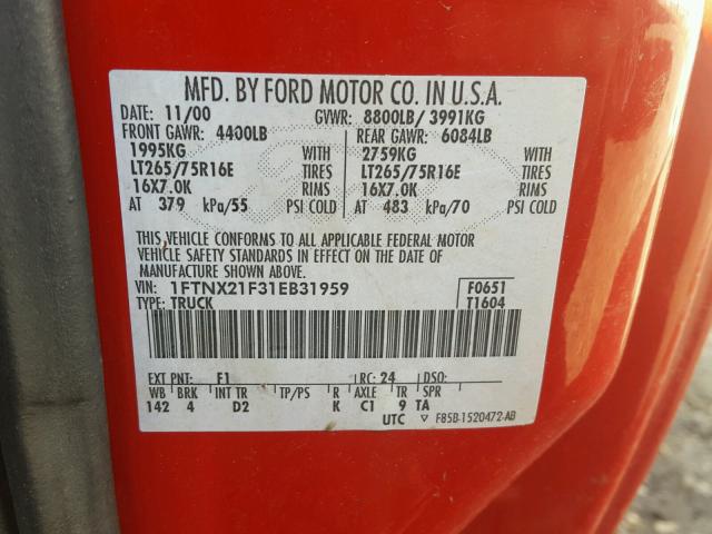 1FTNX21F31EB31959 - 2001 FORD F250 SUPER RED photo 10