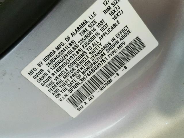5FNRL3H74AB039761 - 2010 HONDA ODYSSEY EX SILVER photo 10