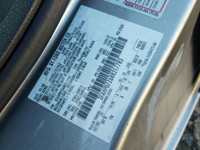 3FAHP07Z68R217783 - 2008 FORD FUSION SE GRAY photo 10