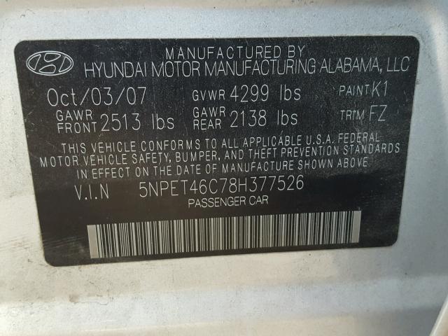 5NPET46C78H377526 - 2008 HYUNDAI SONATA GLS SILVER photo 10