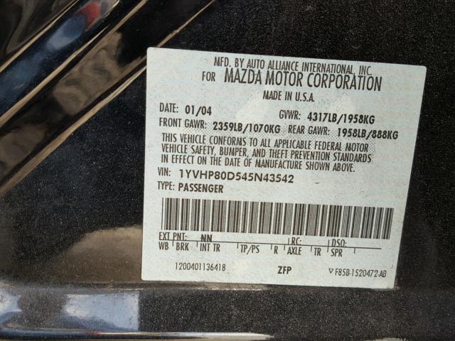 1YVHP80D545N43542 - 2004 MAZDA 6 S BLACK photo 10