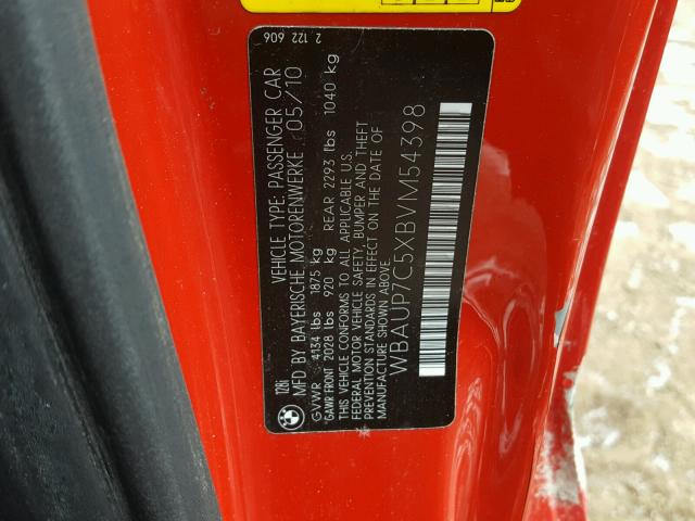 WBAUP7C5XBVM54398 - 2011 BMW 128 I RED photo 10