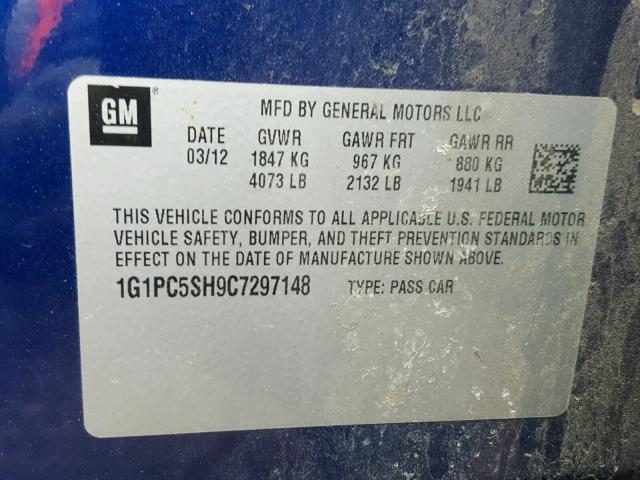 1G1PC5SH9C7297148 - 2012 CHEVROLET CRUZE LS BLUE photo 10