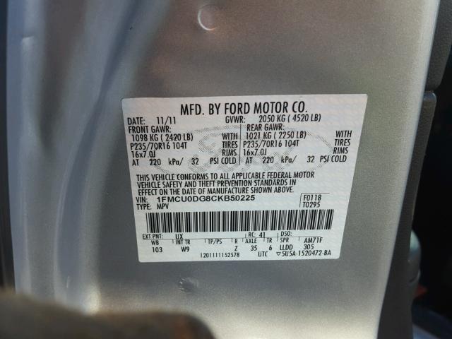 1FMCU0DG8CKB50225 - 2012 FORD ESCAPE XLT SILVER photo 10