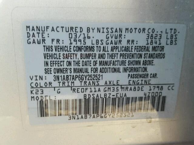 3N1AB7AP6GY252521 - 2016 NISSAN SENTRA S SILVER photo 10