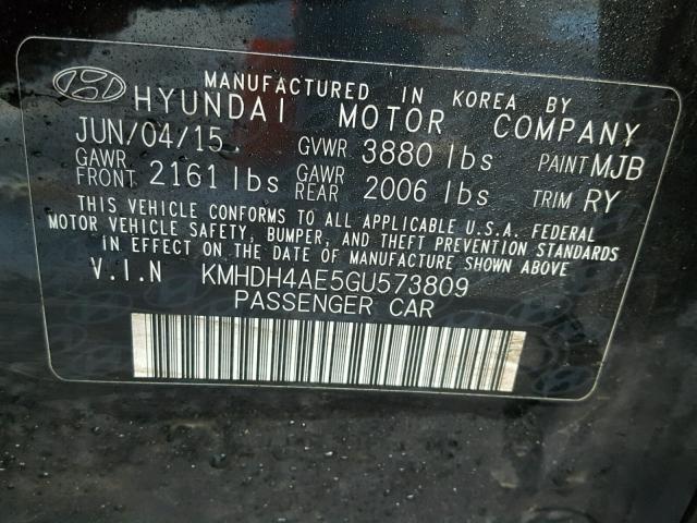 KMHDH4AE5GU573809 - 2016 HYUNDAI ELANTRA SE BLACK photo 10