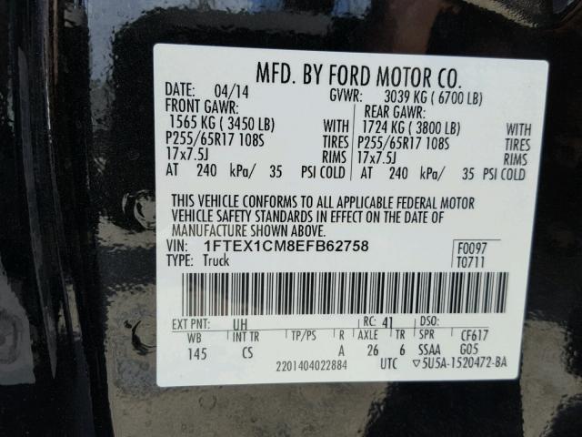 1FTEX1CM8EFB62758 - 2014 FORD F150 SUPER BLACK photo 10