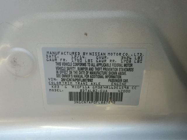 3N1CN7AP0FL887892 - 2015 NISSAN VERSA S SILVER photo 10