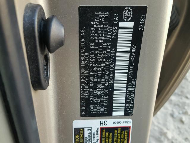 4T1BE46K19U277414 - 2009 TOYOTA CAMRY BASE TAN photo 10