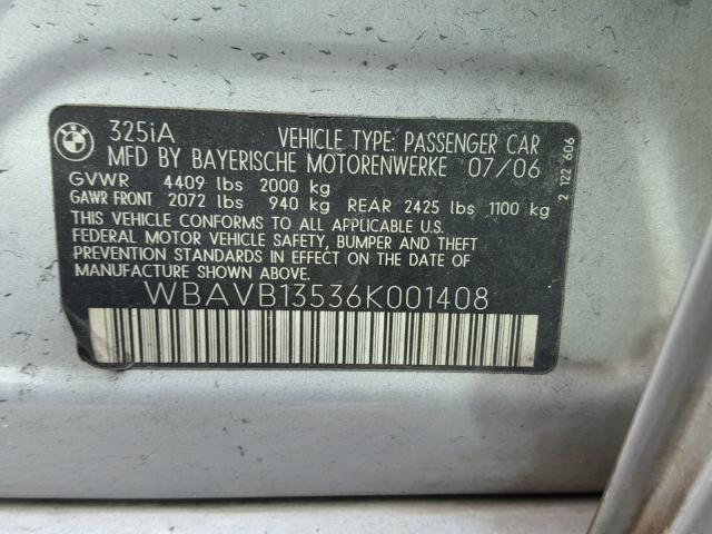 WBAVB13536K001408 - 2006 BMW 325 I SILVER photo 10