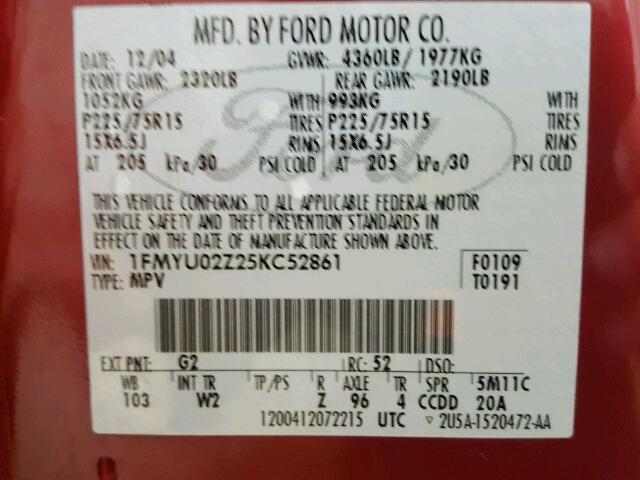 1FMYU02Z25KC52861 - 2005 FORD ESCAPE XLS RED photo 10