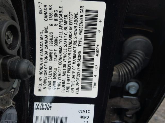 2HGFC2F79HH542045 - 2017 HONDA CIVIC EX BLACK photo 10