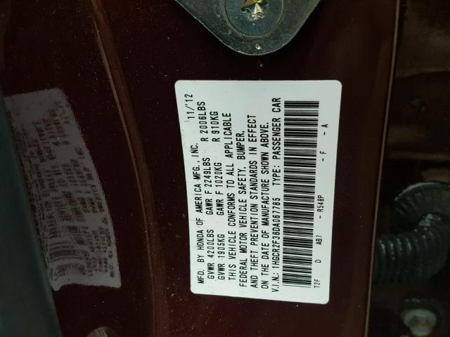 1HGCR2F38DA067785 - 2013 HONDA ACCORD LX MAROON photo 10