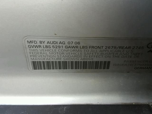 WAUEH74F77N036087 - 2007 AUDI A6 S-LINE SILVER photo 10