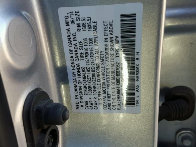 2HKRM4H38EH687062 - 2014 HONDA CR-V LX SILVER photo 10