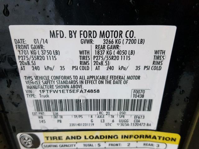 1FTFW1ET5EFA74858 - 2014 FORD F150 SUPER BLACK photo 10