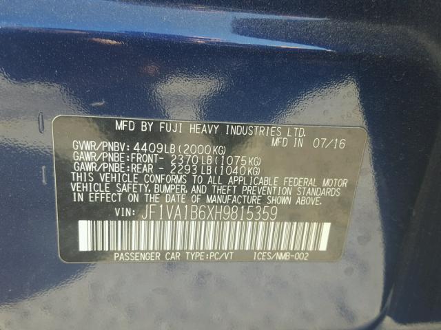 JF1VA1B6XH9815359 - 2017 SUBARU WRX BLUE photo 10