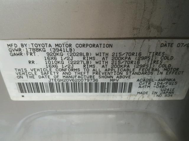 JTEGH20V620079736 - 2002 TOYOTA RAV4 SILVER photo 10