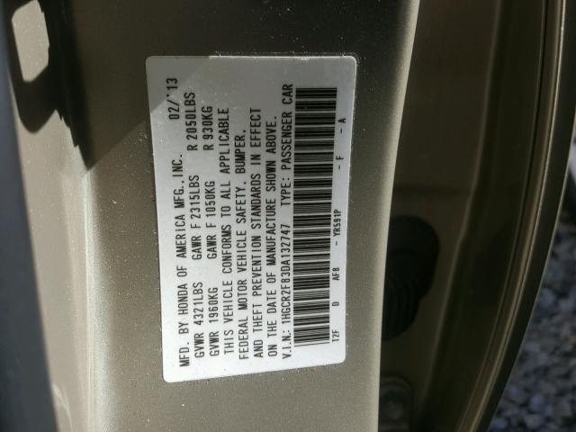 1HGCR2F83DA132747 - 2013 HONDA ACCORD EXL GOLD photo 10