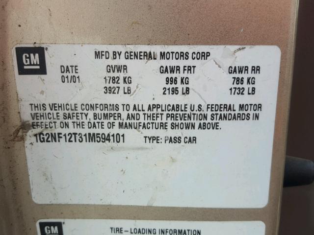 1G2NF12T31M594101 - 2001 PONTIAC GRAND AM S TAN photo 10