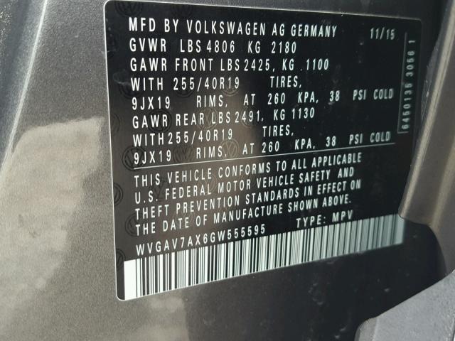 WVGAV7AX6GW555595 - 2016 VOLKSWAGEN TIGUAN S GRAY photo 10