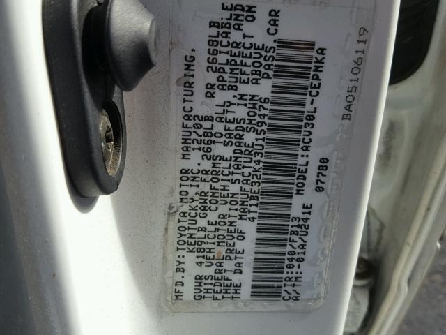 4T1BE32K43U159476 - 2003 TOYOTA CAMRY LE WHITE photo 10