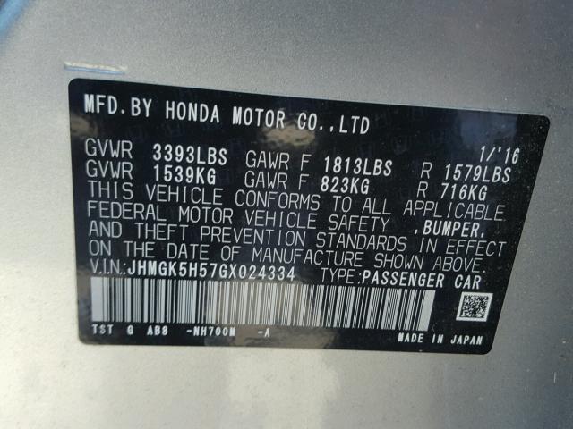 JHMGK5H57GX024334 - 2016 HONDA FIT LX SILVER photo 10