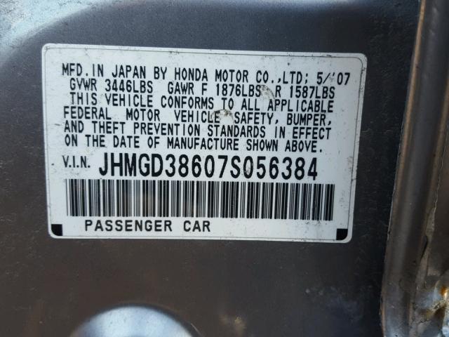 JHMGD38607S056384 - 2007 HONDA FIT S SILVER photo 10