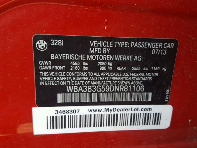 WBA3B3G59DNR81106 - 2013 BMW 328 XI RED photo 10