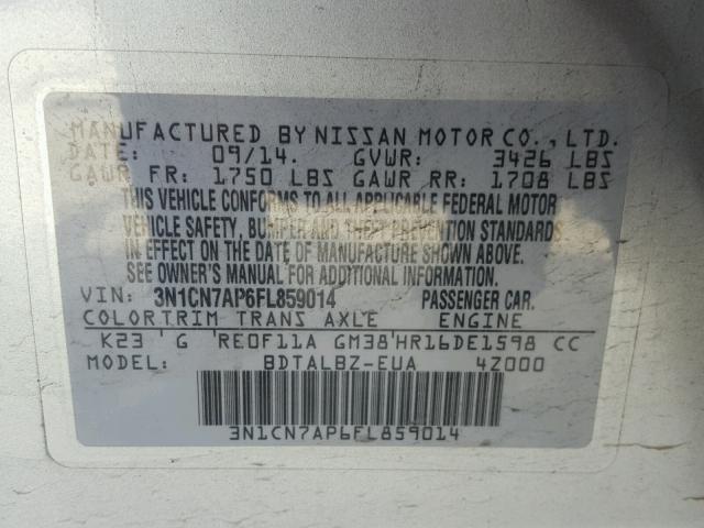 3N1CN7AP6FL859014 - 2015 NISSAN VERSA SILVER photo 10