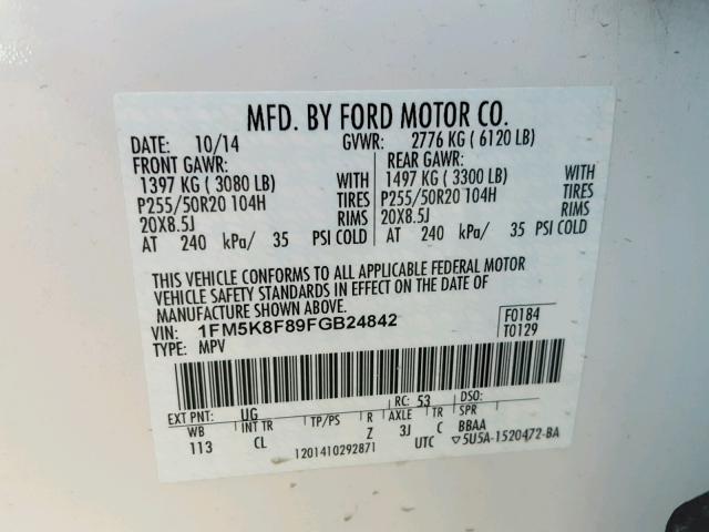 1FM5K8F89FGB24842 - 2015 FORD EXPLORER L WHITE photo 10