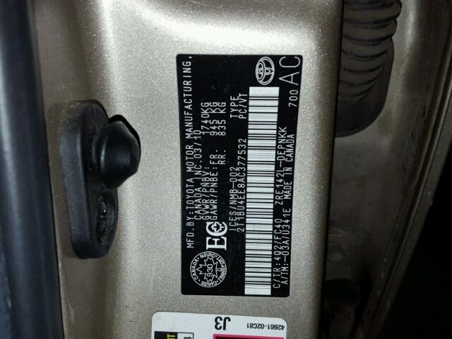 2T1BU4EE8AC377532 - 2010 TOYOTA COROLLA BA GOLD photo 10