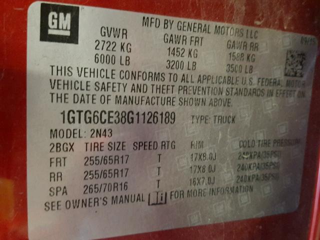 1GTG6CE38G1126189 - 2016 GMC CANYON SLE RED photo 10