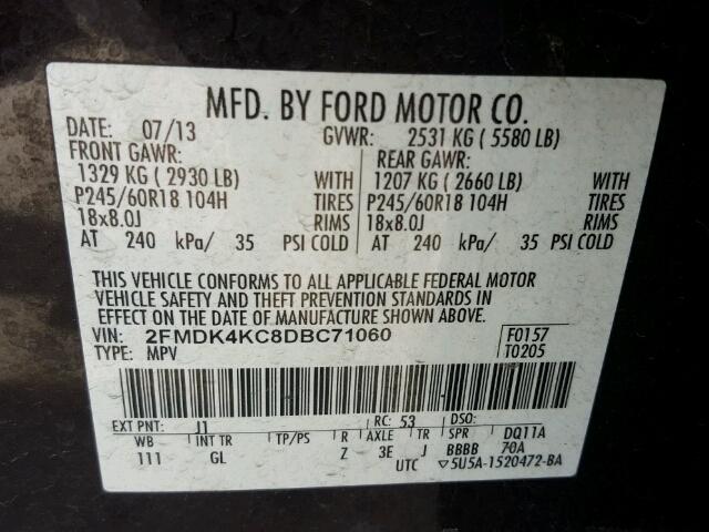 2FMDK4KC8DBC71060 - 2013 FORD EDGE LIMIT BLACK photo 10