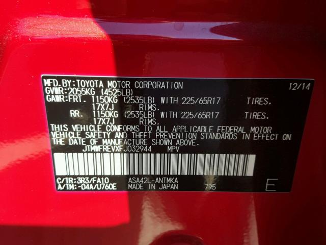 JTMWFREVXFJ032944 - 2015 TOYOTA RAV4 XLE RED photo 10