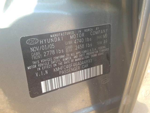 KMHFC46F46A044893 - 2006 HYUNDAI AZERA SE GRAY photo 10