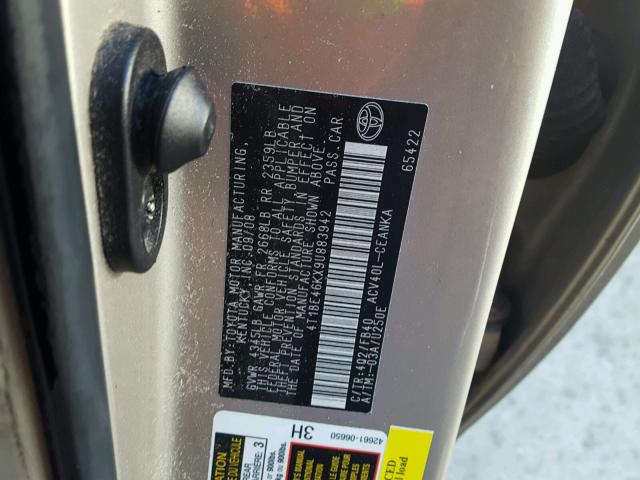 4T1BE46KX9U883942 - 2009 TOYOTA CAMRY BASE BEIGE photo 10