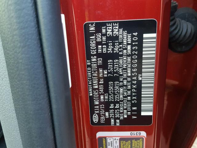 5XYPK4A56GG023104 - 2016 KIA SORENTO SX RED photo 10